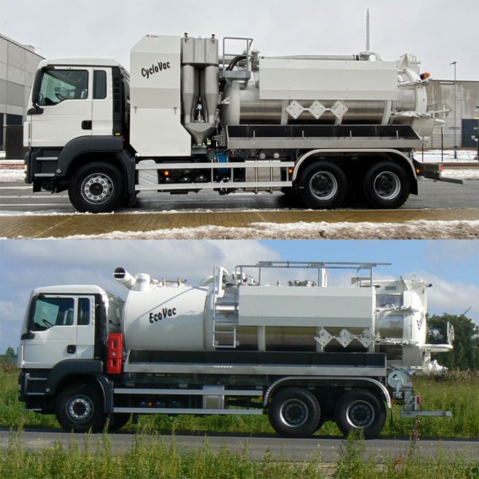 A KOKS CycloVac and a EcoVac vacuum truck on Euro 3 chassis